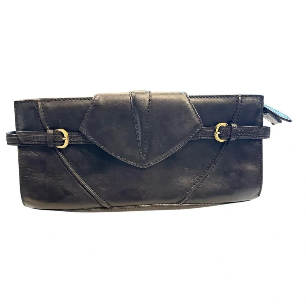 Via Spiga Leather Black Clutch with Gold Hardware.